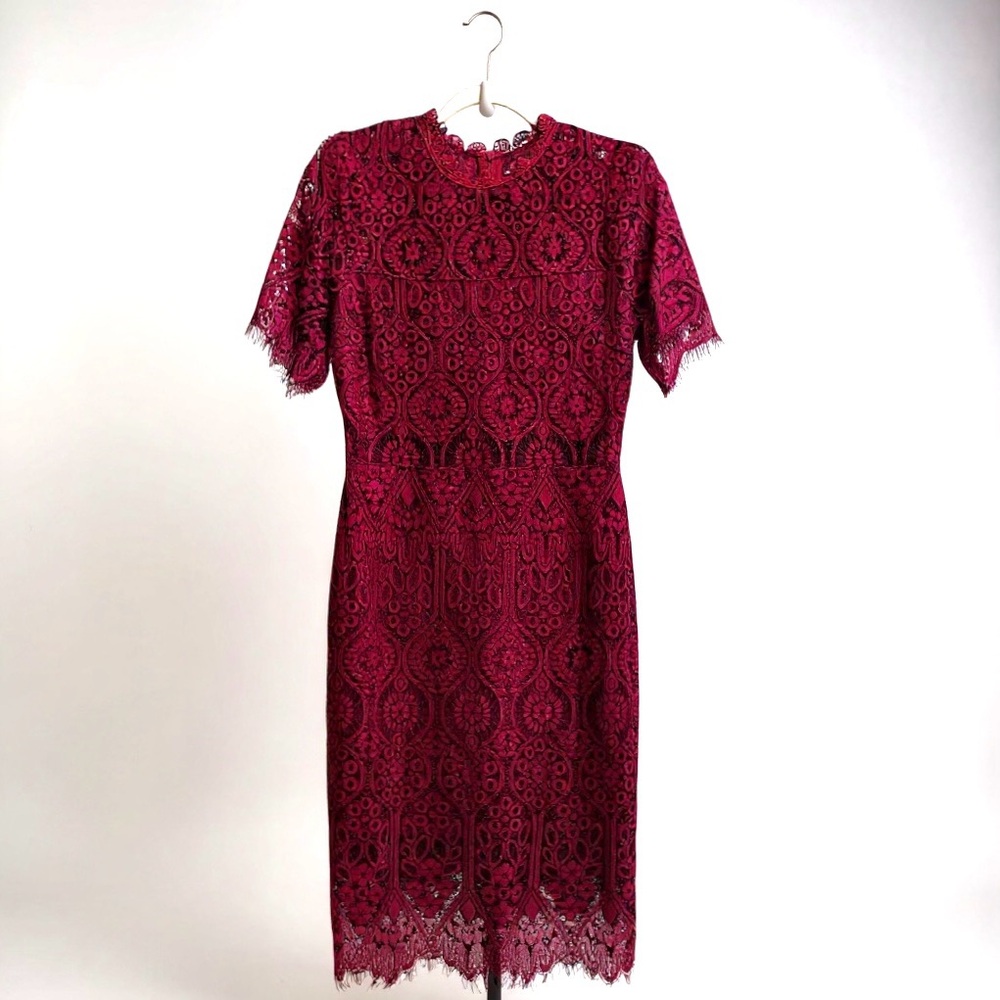 Lulus Remarkable Burgundy Sheer Lace Shirt Sleeve Dress